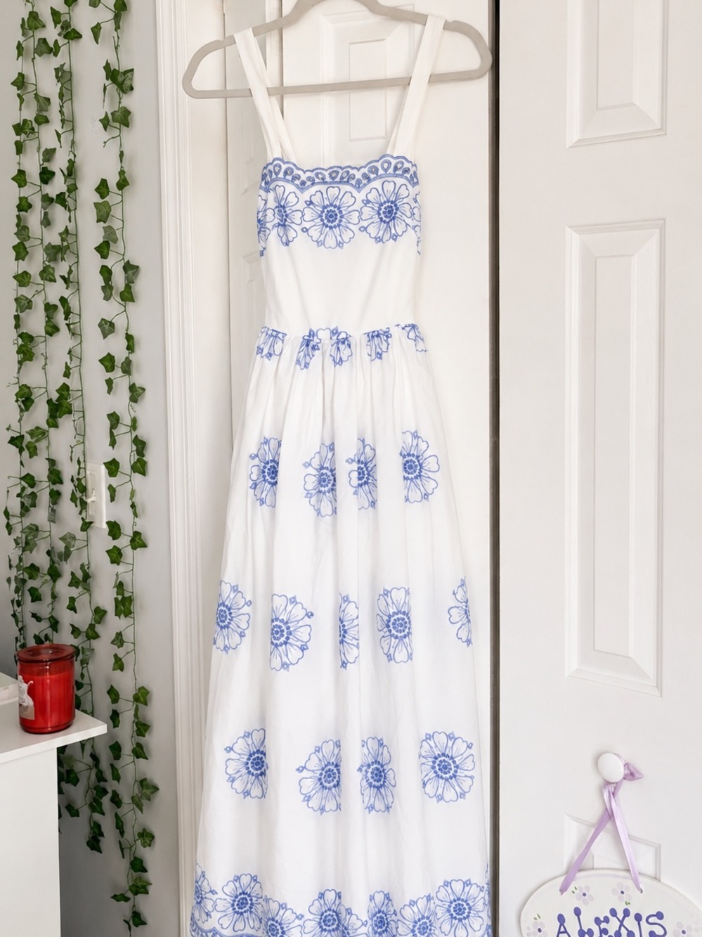 White Sundress with Blue Floral Embroidery